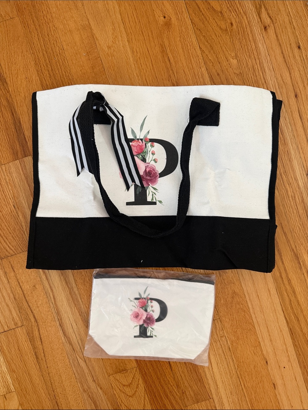 NWT - Canvas Floral Initial Tote Bag - Black & White